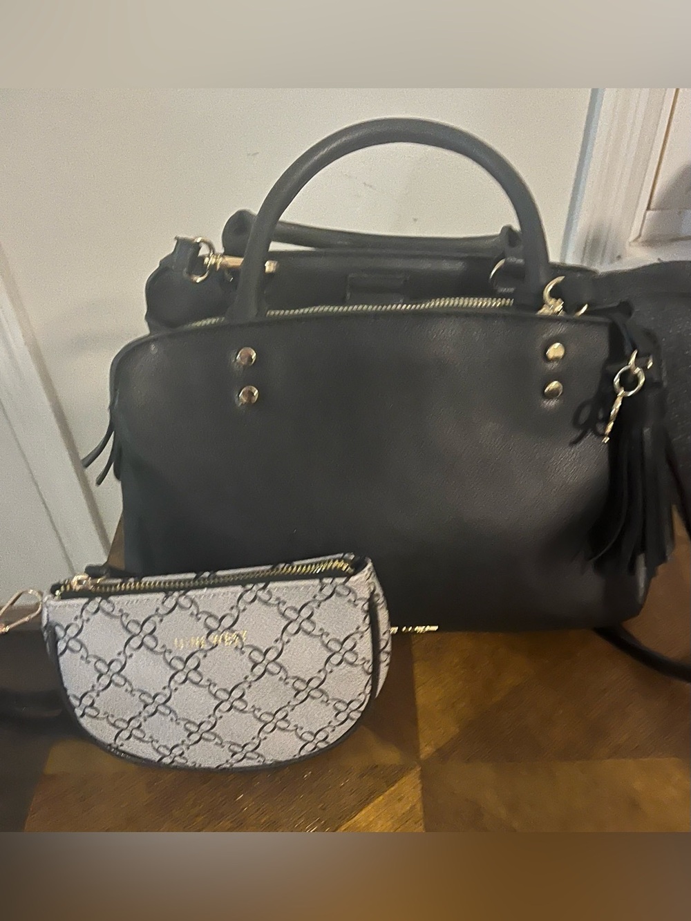 Nine West Black Tote with Monogram Crossbody Pouch - Picture 5 of 9